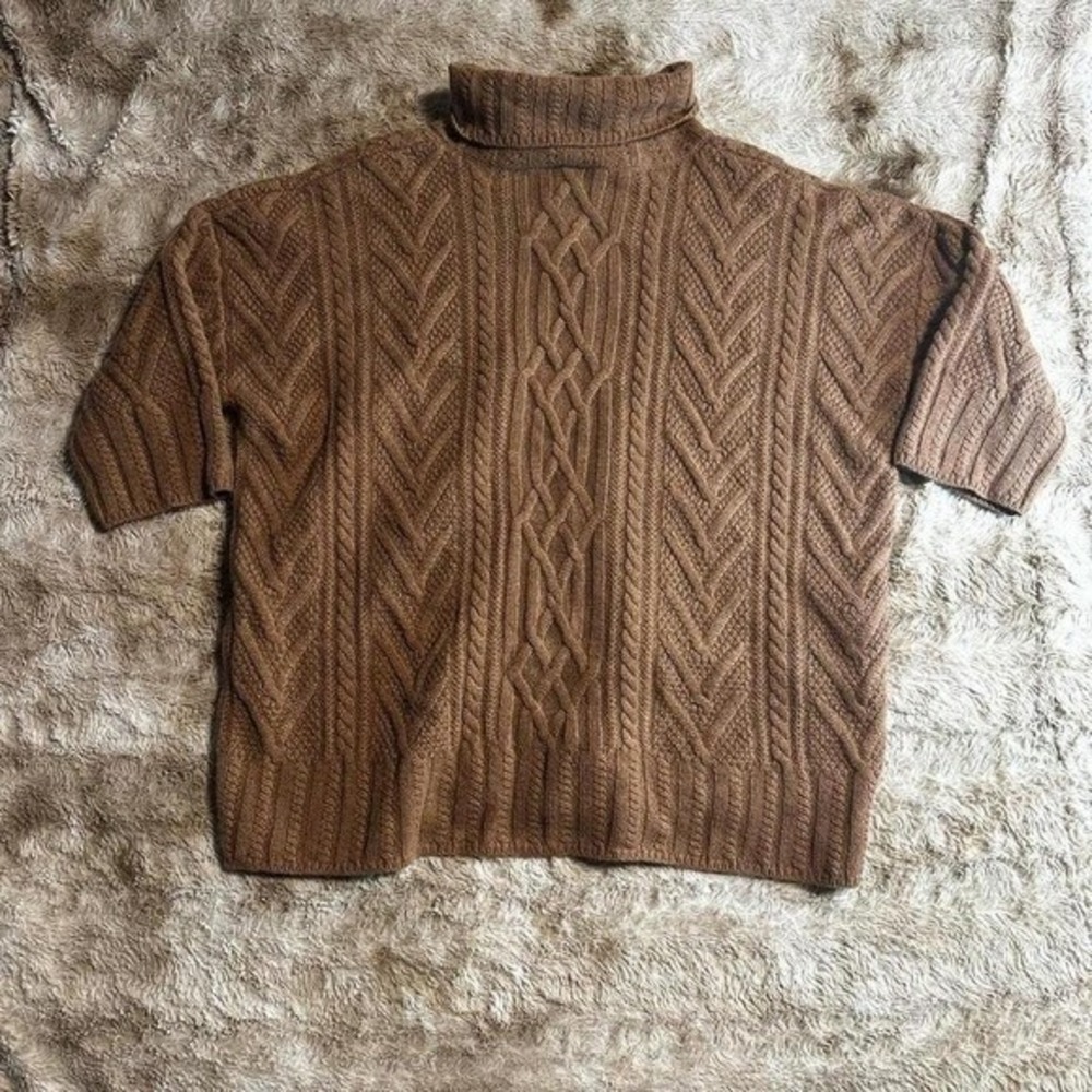 Iris & Ink Camel Brown Cable Knit Turtleneck Sweater Elbow Sleeve - Picture 9 of 9